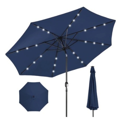 Solar LED Lighted Patio Umbrella, 10ft, Navy - Lot 408