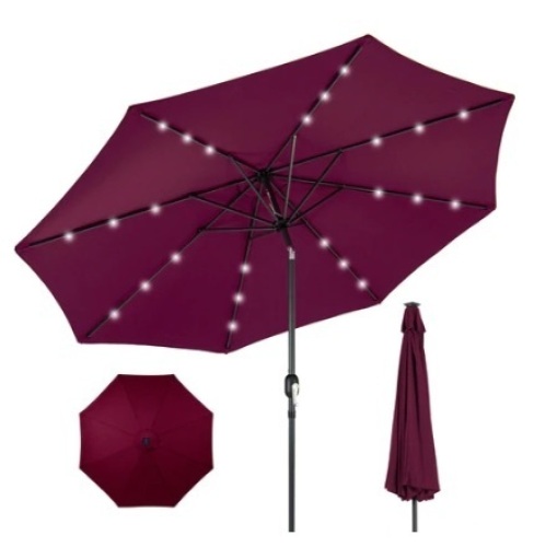 Solar LED Lighted Patio Umbrella, 10ft, Burgundy - Lot 443