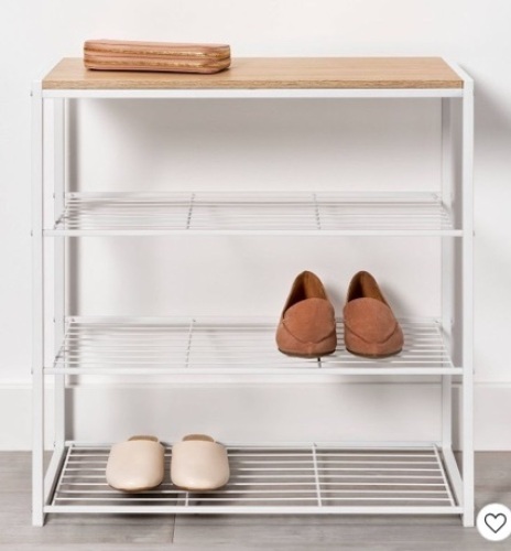 4 Tier Shoe Rack, White, Metal w/ Natural Wood - Lot 481