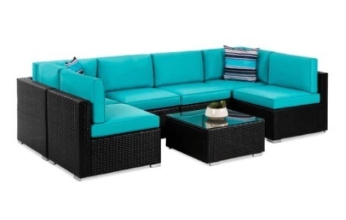 7-Piece Modular Wicker Sectional Conversation Set, Black/Teal - Lot 456