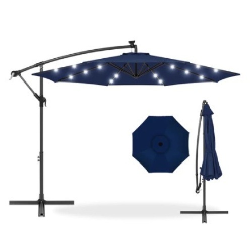 Solar LED Offset Hanging Patio Umbrella, 10ft, Navy - Lot 505