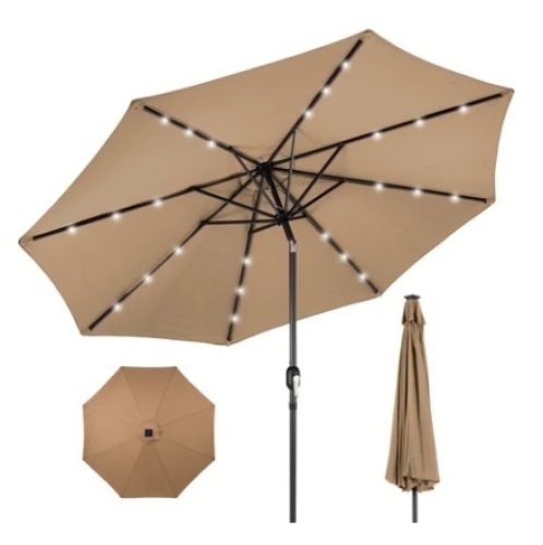 Solar LED Lighted Patio Umbrella, 10ft, Tan - Lot 529