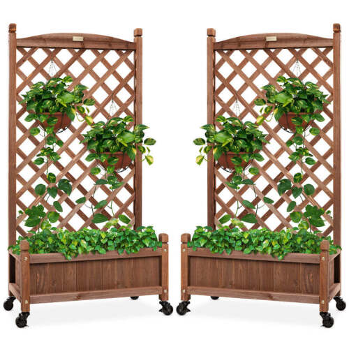 Set of 2 Wood Planter Box & Lattice Trellis w/ Optional Wheels - 48in