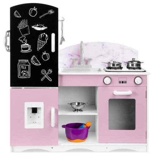 Kids Pretend Play Kitchen Cook Toy Set w/ Chalkboard, Sounds, Accessorires