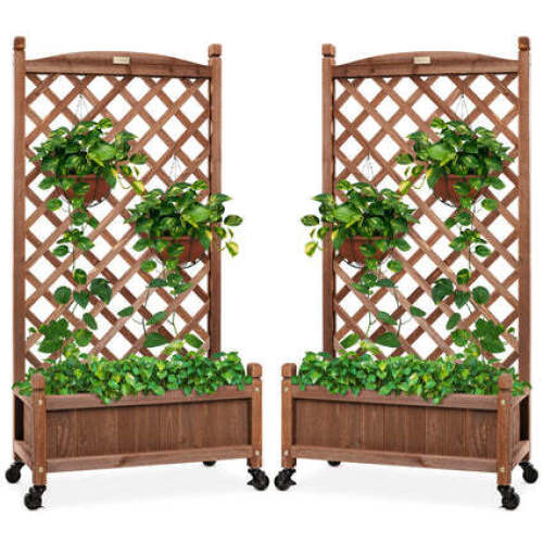 Set of 2 Wood Planter Box & Lattice Trellis w/ Optional Wheels - 48in