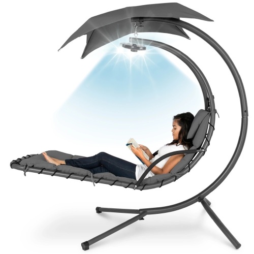 Hanging LED-Lit Curved Chaise Lounge Chair w/ Pillow, Canopy, Stand