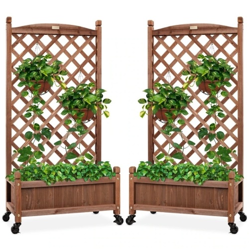 Set of 2 Wood Planter Box & Lattice Trellis w/ Optional Wheels - 48in
