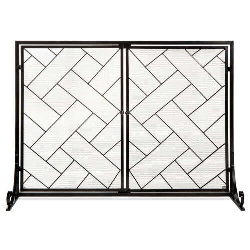 2- Panel Wrought Iron Geometric Fireplace Screen w/Magnetic Doors - 44x33in