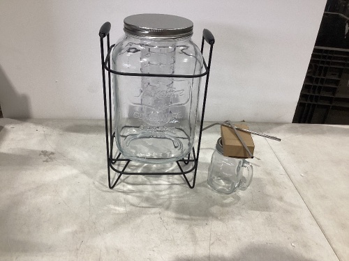 2 gallon glass drink dispenser with stand and 1 mason jar and stainless steel spigot and fruit infuser  - Lot 465