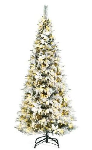 6 ft. Pre-Lit Snow Flocked Christmas Tree with Berries and Poinsettia Flowers - Lot 706