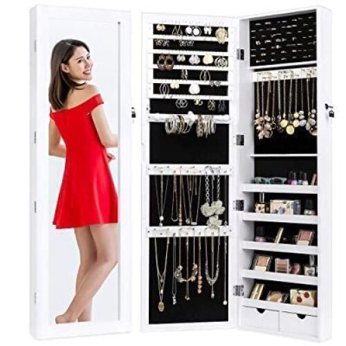 Mirrored Lockable Jewelry Cabinet Armoire Organizer w/Door Hanging Hooks and Wall Mount - Lot 899