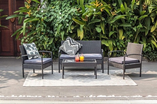 M & W 4 Piece Patio Furniture Set, PE Wicker Rattan Outdoor Sofa, 2 Cushioned Chairs, 1 Loveseat and 1 Coffee Table with Tempered Glass Top - Lot 176