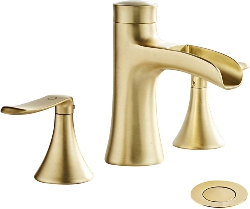 Wovier Brushed Gold 8-16 Inch Widespread Waterfall Spout Bathroom Sink Faucet with Supply Hoses,Two Handle Three Hole Lavatory Faucet,Basin Mixer Tap with Pop Up Drain   - Lot 1055