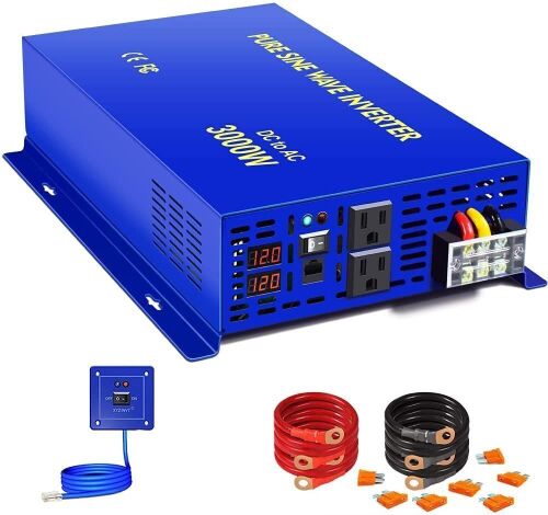 3000W Pure Sine Wave Power Inverter - 12V DC to AC 120V 110V with 15ft Cable Remote Switch Controller, Surge Power 6000w, Power Converter for Off Grid Solar Power System - Lot 69