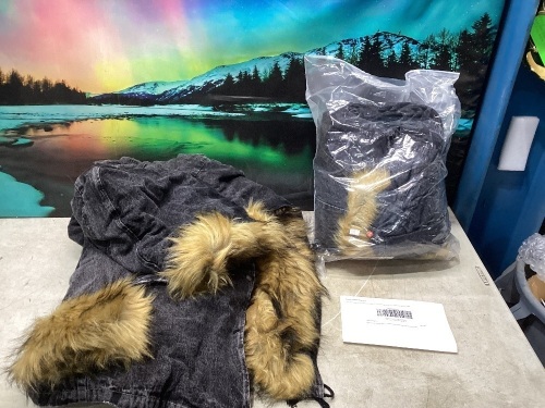  Lot of (2) Womens Military Denim Hooded Warm Winter Coats Faux Fur Lined Parkas, Size: XXL and S - Lot 1012