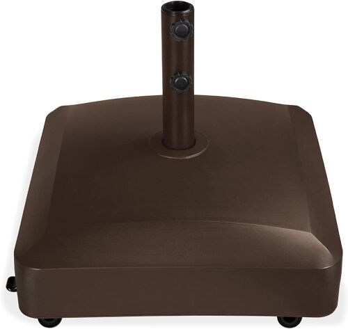 Fillable Mobile Umbrella Base Heavy Duty Market Stand for Patio, Deck, Poolside w/ 4 Wheels, 2 Locks, 2 Knobs, Wind-Resistant Design, 123lb Capacity - Bronze - Lot 833