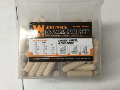 400-Piece Fluted Dowel Pin Variety Bucket with 1/4, 5/16, and 3/8-inch Woodworking Dowels,appears new - Lot 965