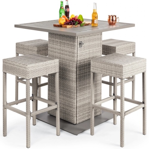 5-Piece Wicker Bar Set w/ 4 Stools, Built-In Bottle Opener, Hidden Storage - Lot 192
