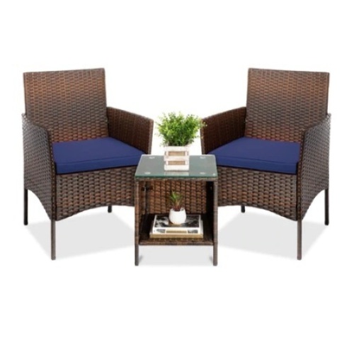 3-Piece Outdoor Patio Wicker Bistro Set, Brown/Navy - Lot 272