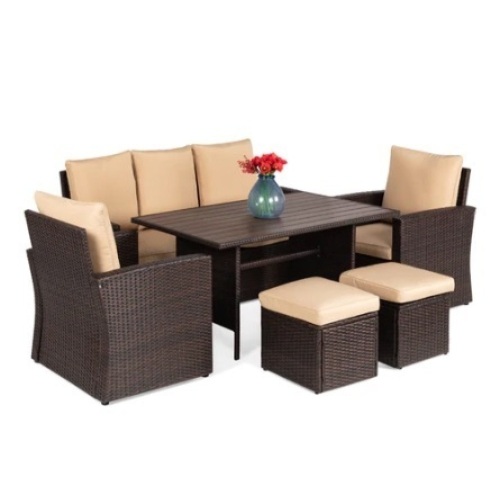 7-Seater Wicker Outdoor Patio Set, Brown/Biege - Lot 350