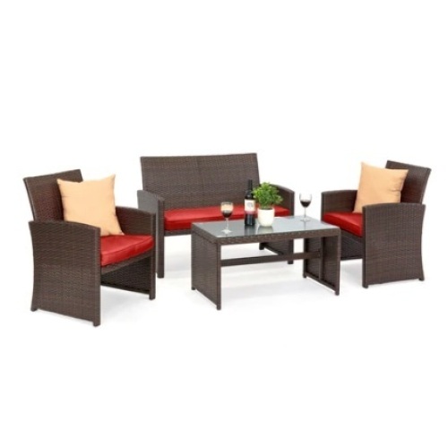 4-Piece Outdoor Wicker Patio Set, Brown/ Red - Lot 358