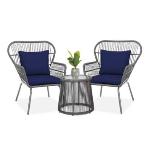 3-Piece Patio Wicker Bistro Set, Gray/Navy - Lot 386