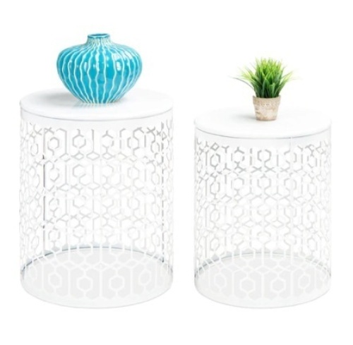 Set of 2 Decorative Round Side Accent Table/Nightstands, White - Lot 389