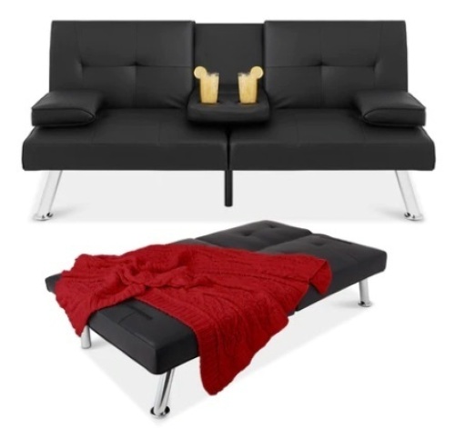 Faux Leather Convertible Sofa Bed Futon, Black - Lot 393