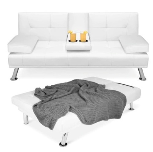 Faux Leather Sofa Bed Futon, White - Lot 402
