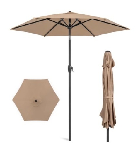 Outdoor Market Patio Umbrella w/ Push Button Tilt & Crank Lift, 7.5ft, Tan - Lot 465