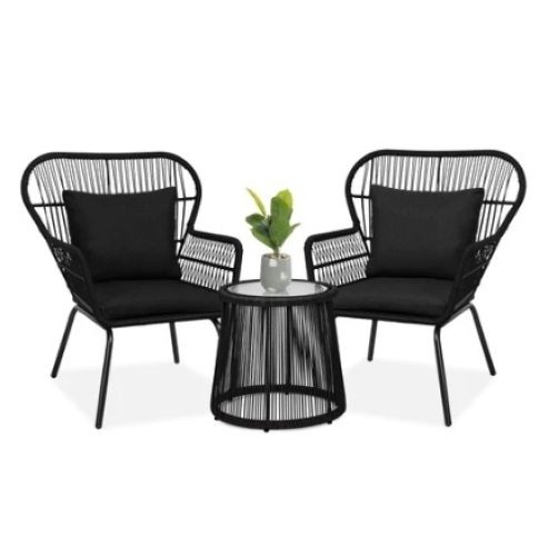 3-Piece Patio Wicker Conversation Bistro Set, Black - Lot 482