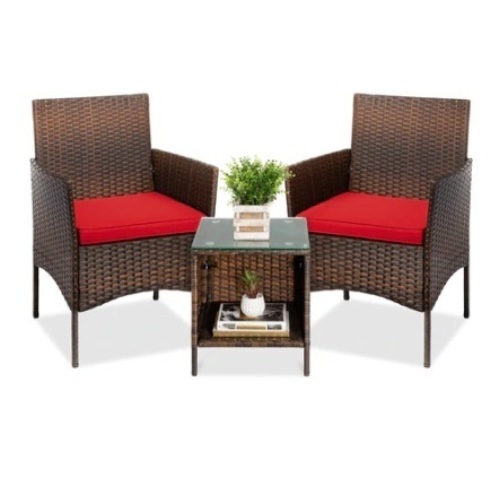 3-Piece Outdoor Patio Wicker Bistro Set, Brown/Red - Lot 639