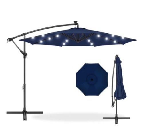 Solar LED Offset Hanging Patio Umbrella, 10ft, Navy - Lot 645