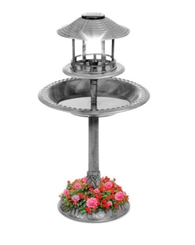 Solar Lighted Outdoor Pedestal Bird Bath, Stone - Lot 650