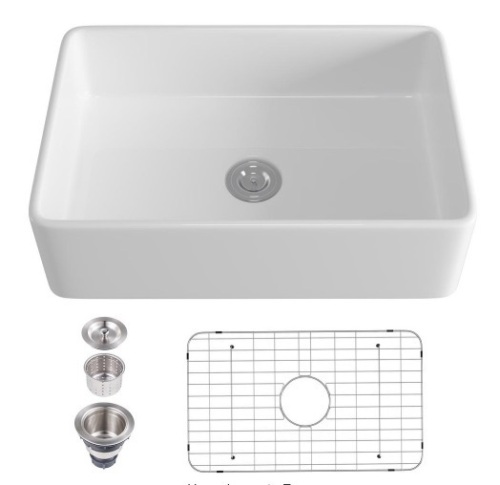 White Fireclay 30" Single Bowl Farmhouse Apron Kitchen Sink with Basin Rack and Strainer Basket - Appears New  - Lot 62
