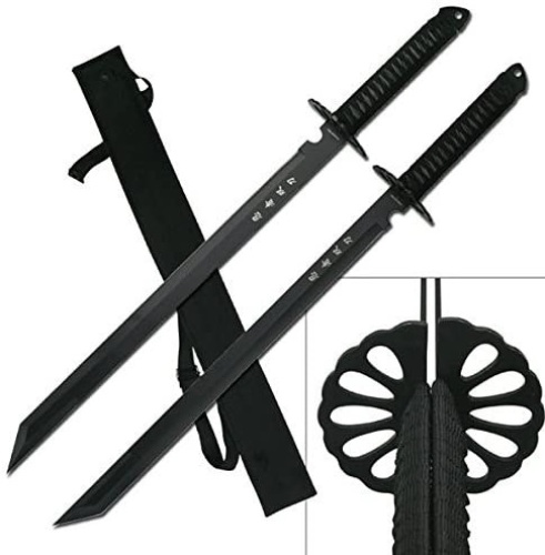 2PC Combo Full Tang 28" Tanto Ninja Katana Twin Sword Machete w/Nylon Sheath + Black Chinese Engraved on Blade Edition - Appears New  - Lot 110