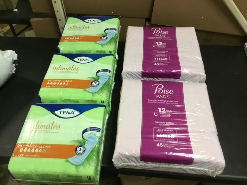 Lot of (3) TENA Intimates Ultimate Pads, Heavy, 33 ct & (2) Poise Long Length Ultimate Pads, 45 ct - New  - Lot 366