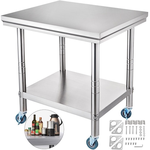 VEVOR Rolling Stainless Steel Work Table Cart + Shelving 30" x 24" - Appears New  - Lot 368