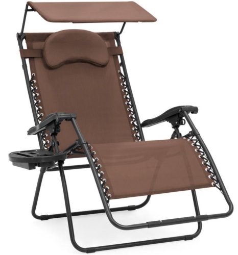 Oversized Zero Gravity Chair w/ Folding Canopy Shade w/ Cup Holder, Brown. Appears New.  - Lot 398
