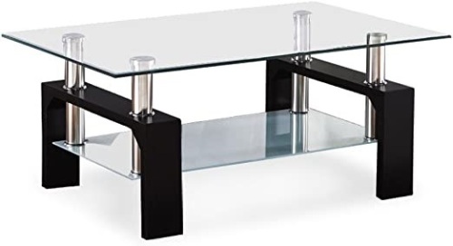 Mecor Rectangle Glass Coffee Table-Modern Side Coffee Table with Lower Shelf Black Wooden Legs - Appears New   - Lot 554