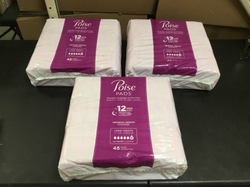 Poise Incontinence Pads for Women, Ultimate Absorbency, Long, 135 Count - New  - Lot 613
