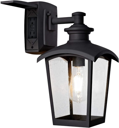 Home Luminaire 31703 Spence 1-Light Outdoor Wall Lantern with Seeded Glass and Built-in GFCI Outlet, Black - Appears New   - Lot 629