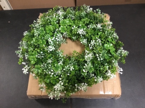 OEAGO 17.7" St Patricks Day Artificial Boxwood Wreath with White Flowers & Four Leaf Clovers - Appears New  - Lot 804