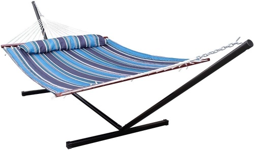 HENG FENG 2 Person Double Hammock with 12 Foot Portable Steel Stand and Spreader Bar, Detachable Pillow, Quilted Fabric Bed, Blue Stripe - E-Comm Return, Appears New   - Lot 1139
