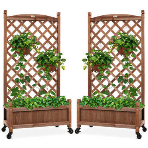 Set of 2 Wood Planter Box & Lattice Trellis w/ Optional Wheels - 48in - Lot 241