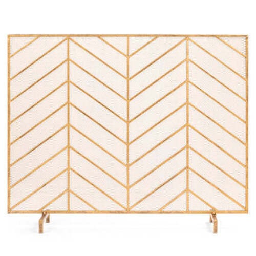 Single Panel Iron Chevron Fireplace Screen w/ Antique Finish - 38x31in - Lot 3960