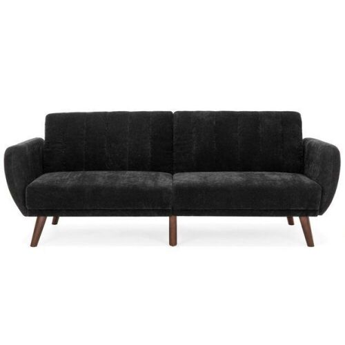 Velour Fold Down Futon Sofa Bed Furniture w/ Armrests, Rib Tufted Back, Wood Frame - Lot 77