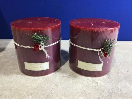 Lot of (2) Ribbed Cinnamon Joy Pillar Candles  - Lot 1114