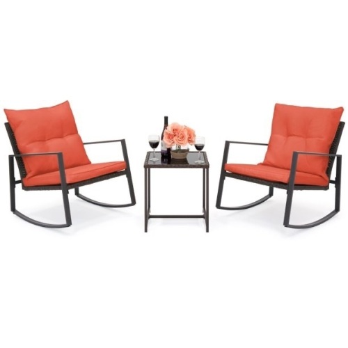 Best Choice Products 3-Piece Patio Wicker Bistro Furniture Set w/ 2 Rocking Chairs, Glass Side Table, Cushions - Red  - Lot 532
