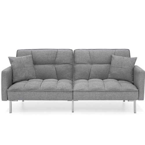 Convertible Linen Tufted Futon w/ 2 Plush Pillows, Split-Back Design  - Lot 97